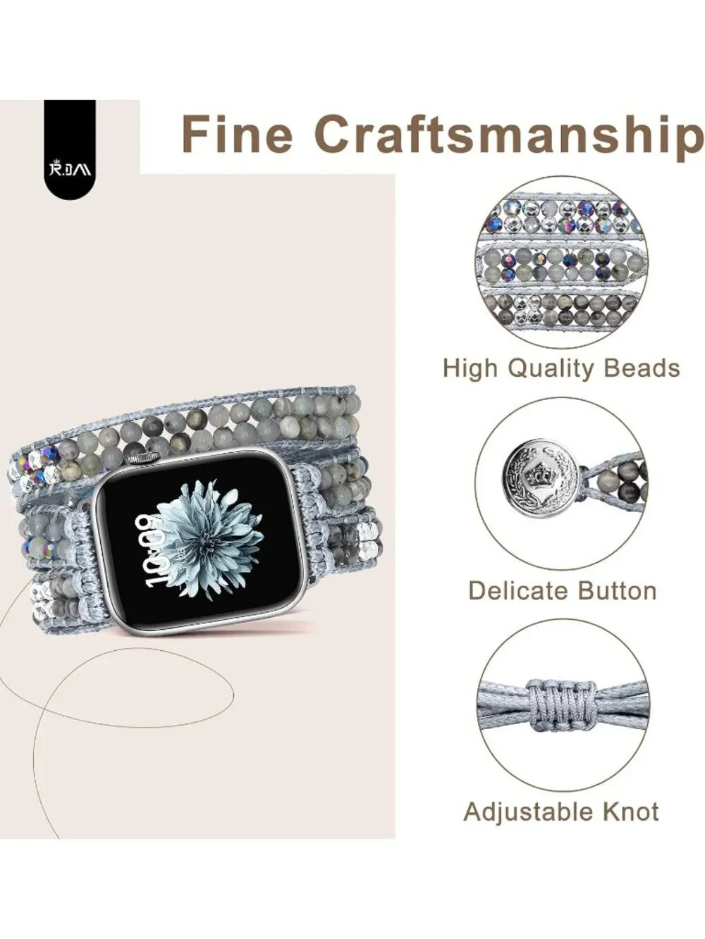 Women's Gray Boho Beaded Band Compatible with Apple Stones Bracelet Watches